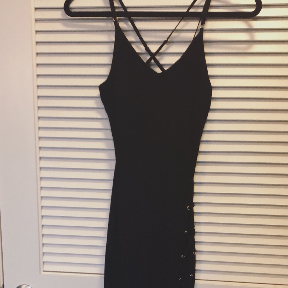 Black spaghetti strap midi dress w/slit side